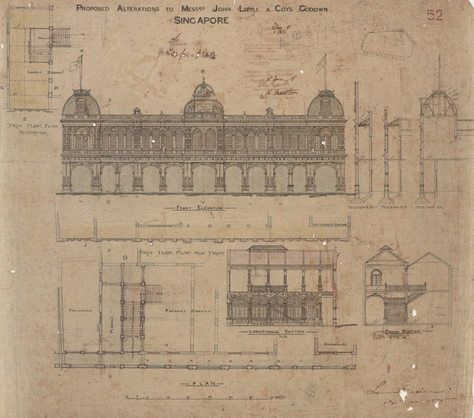 Architectural plans for John Little & Co.'s godown in Singapore, showing elevations, sections, and floor layouts.